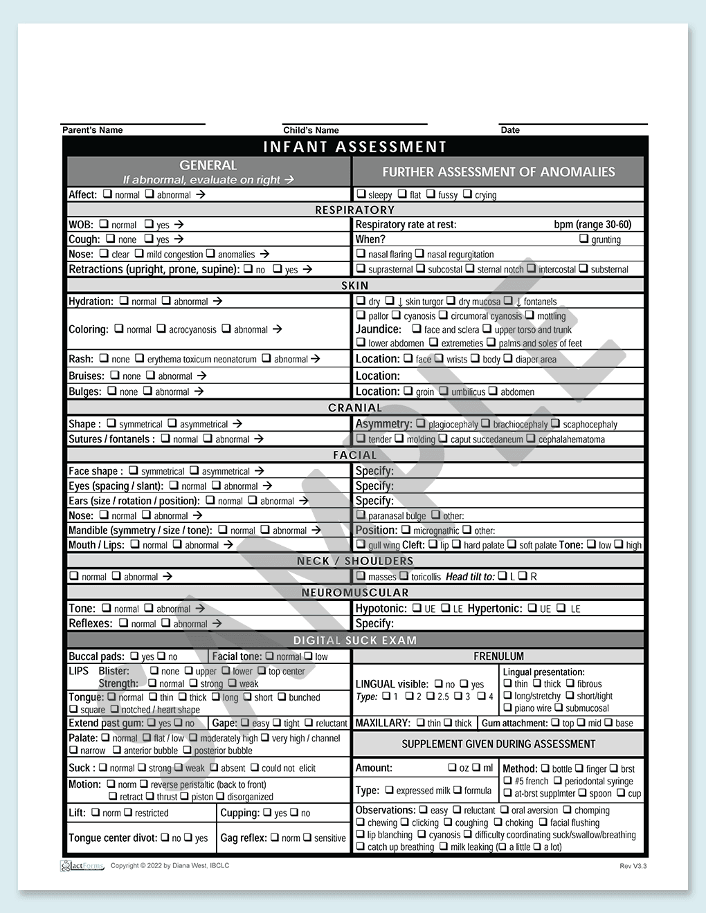 Sample printable Infant Assessment form without header V3.3