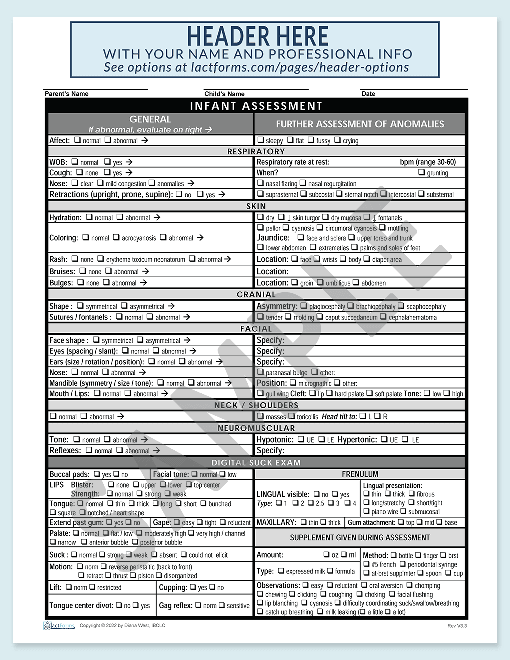 Sample printable Infant Assessment form V3.3
