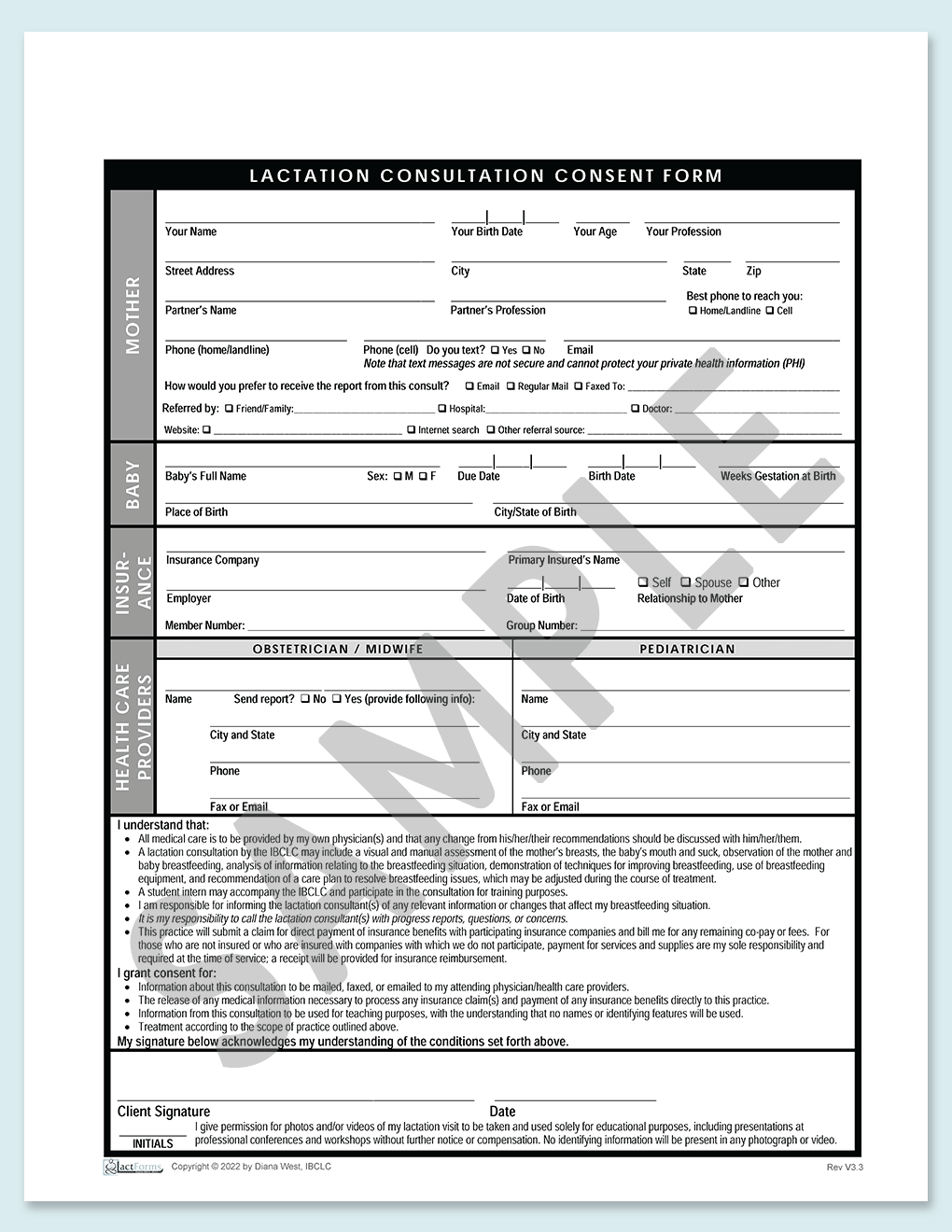 Sample printable US Consent form with insurance and no header V3.3