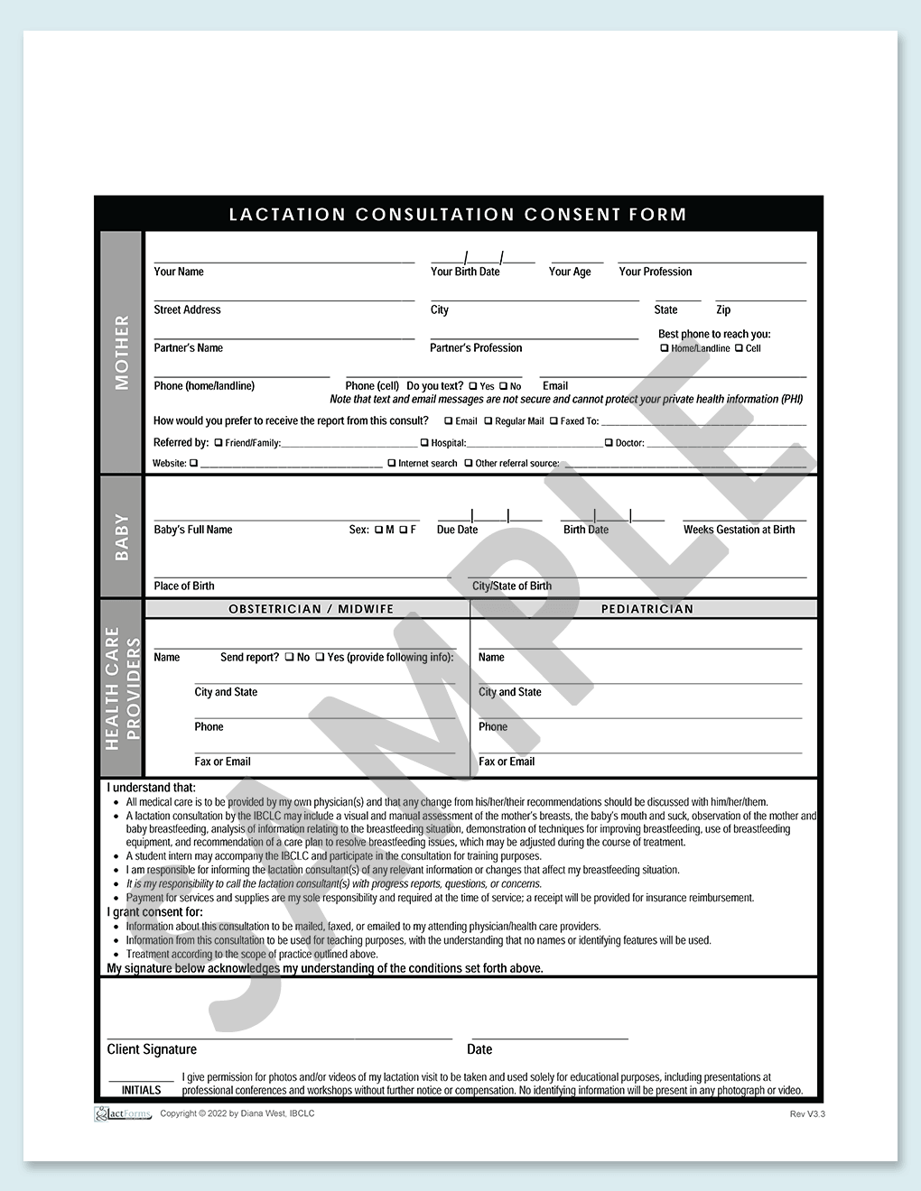 Sample printable US Consent form without insurance and no header V3.3