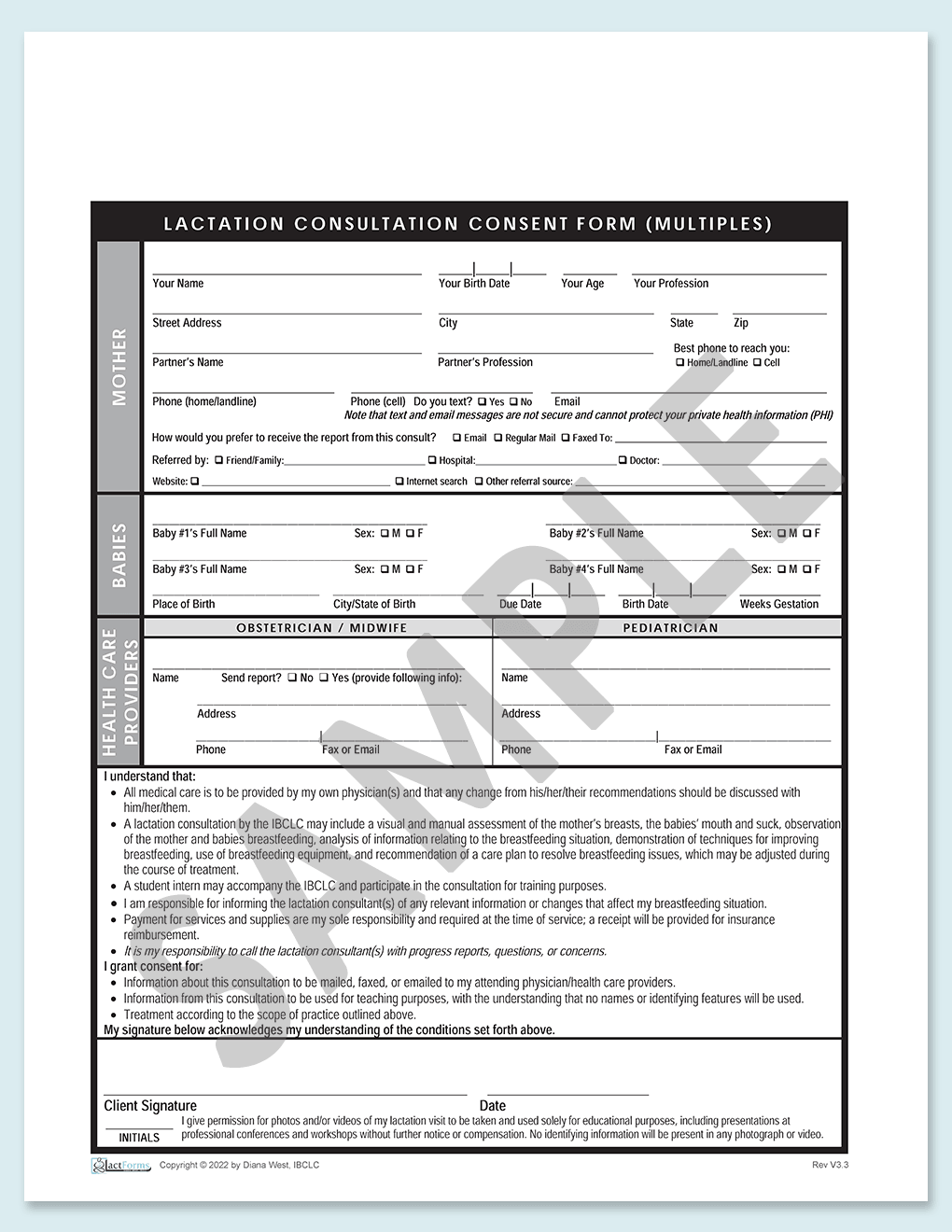 Sample printable US Consent form form multiples without insurance and no header V3.3