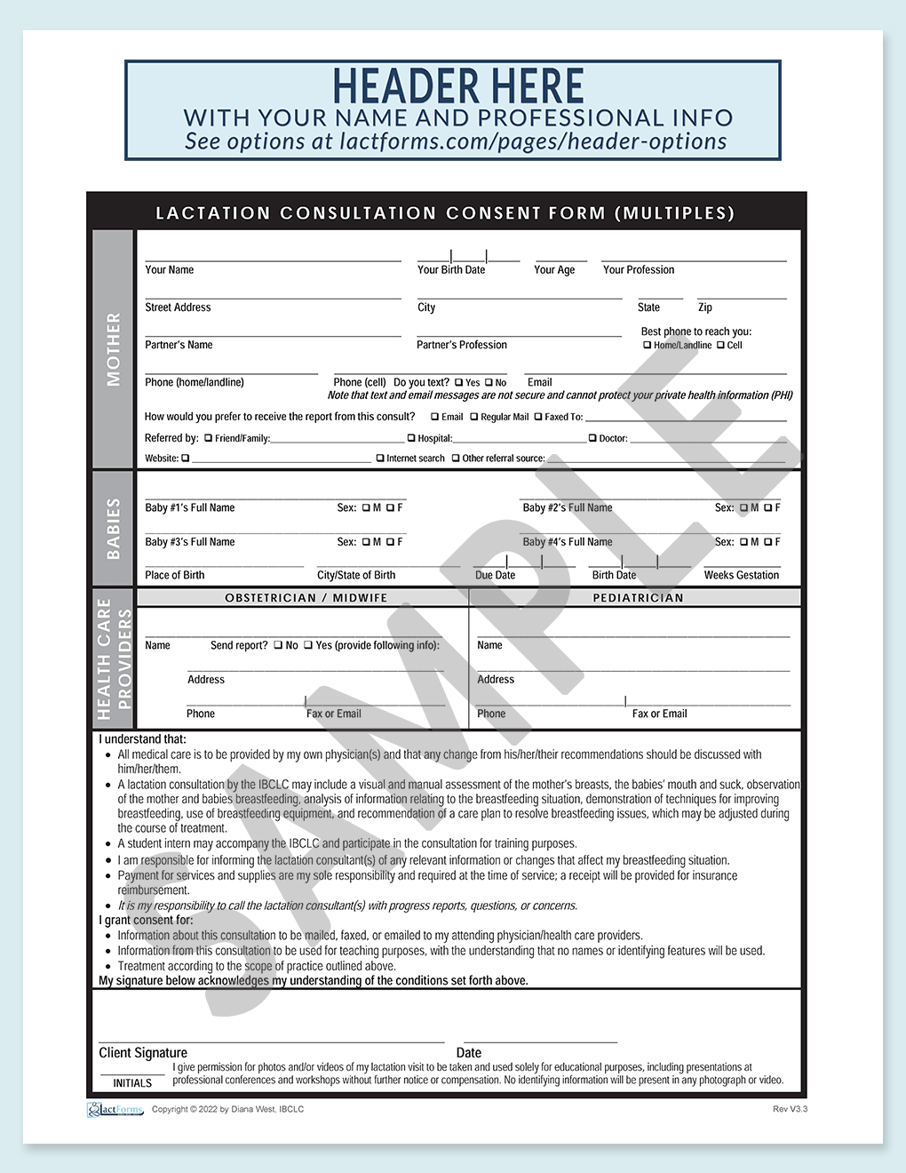Sample printable US Consent form for multiples without insurance V3.3