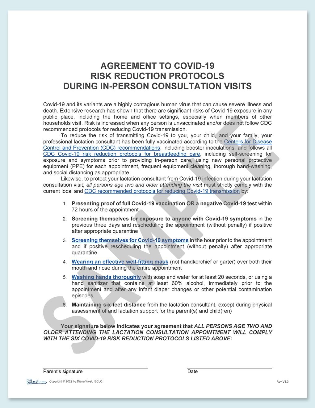 Sample printable COVID Agreement form without header V3.3
