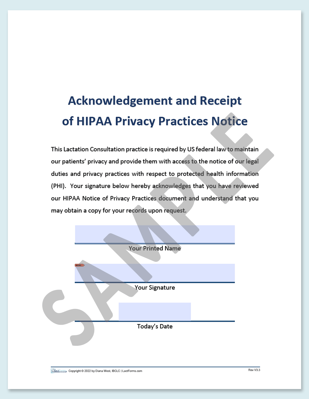 Sample fillable HIPAA Agreement without header grey V3.3