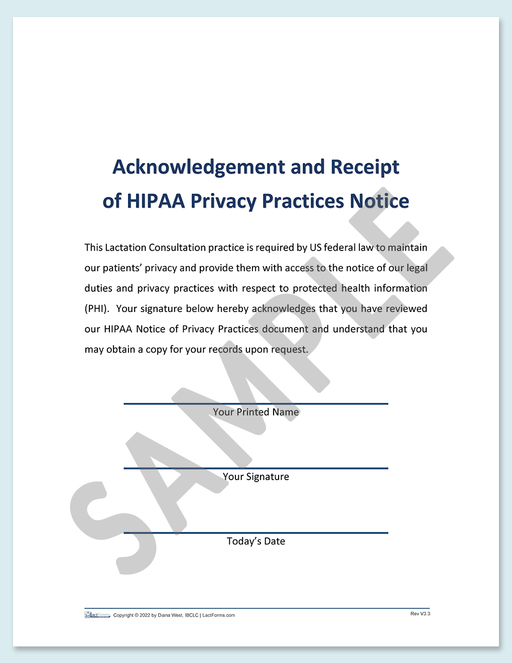 Sample printable HIPAA Agreement form without header V3.3