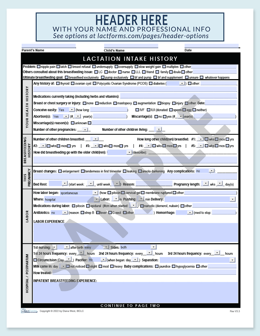 Sample fillable History page one with header grey V3.3