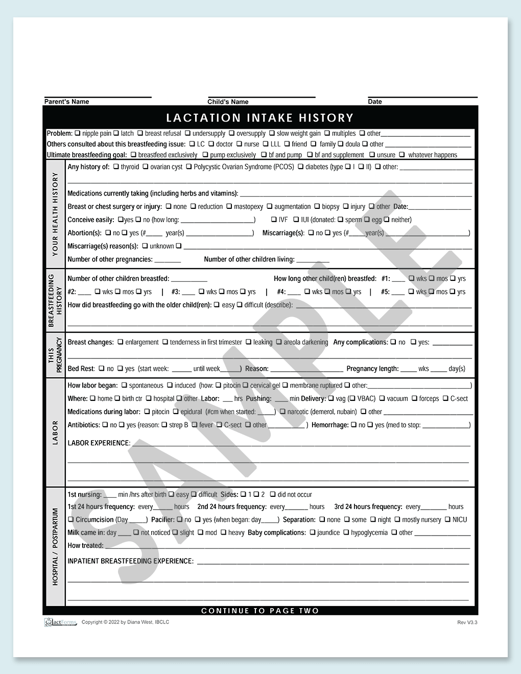 Sample printable History form page one without header V3.3