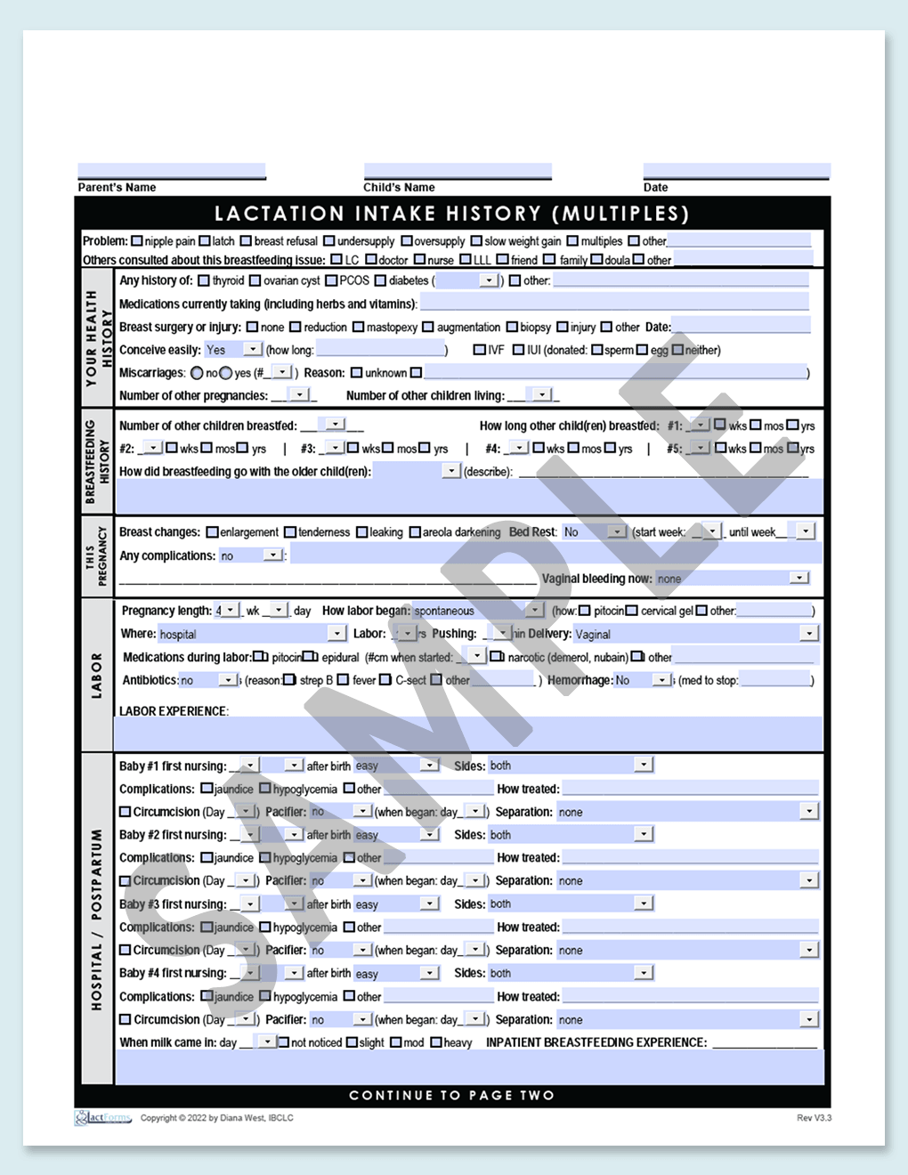 Sample fillable History for multiples page one without header grey V3.3