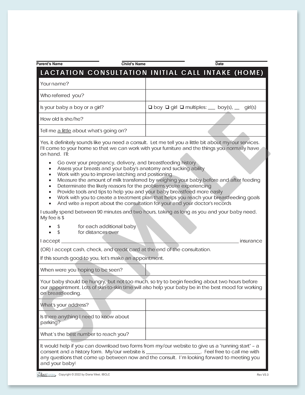 Sample printable Intake for home visit form without header V3.3