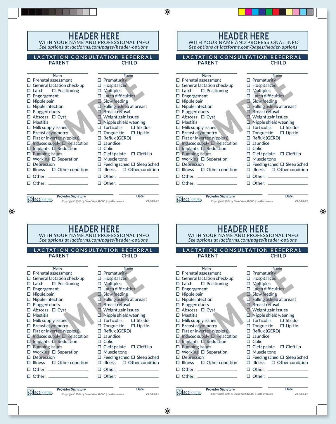 Sample printable Referral Script with header four per page with printer's marks blue V7.02