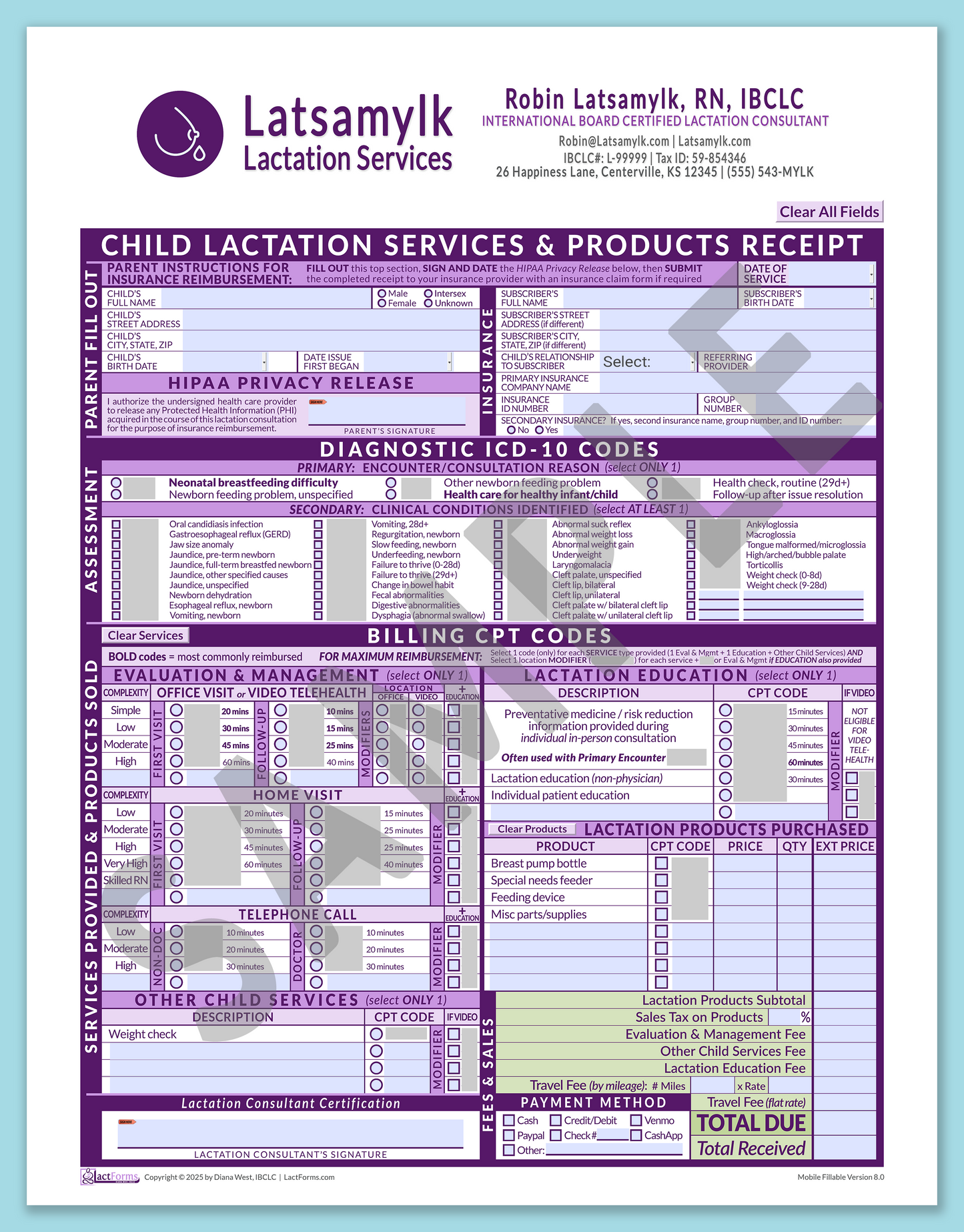 Child Superbill—MobileFillable, HeaderBox after editing, Purple, V8.0