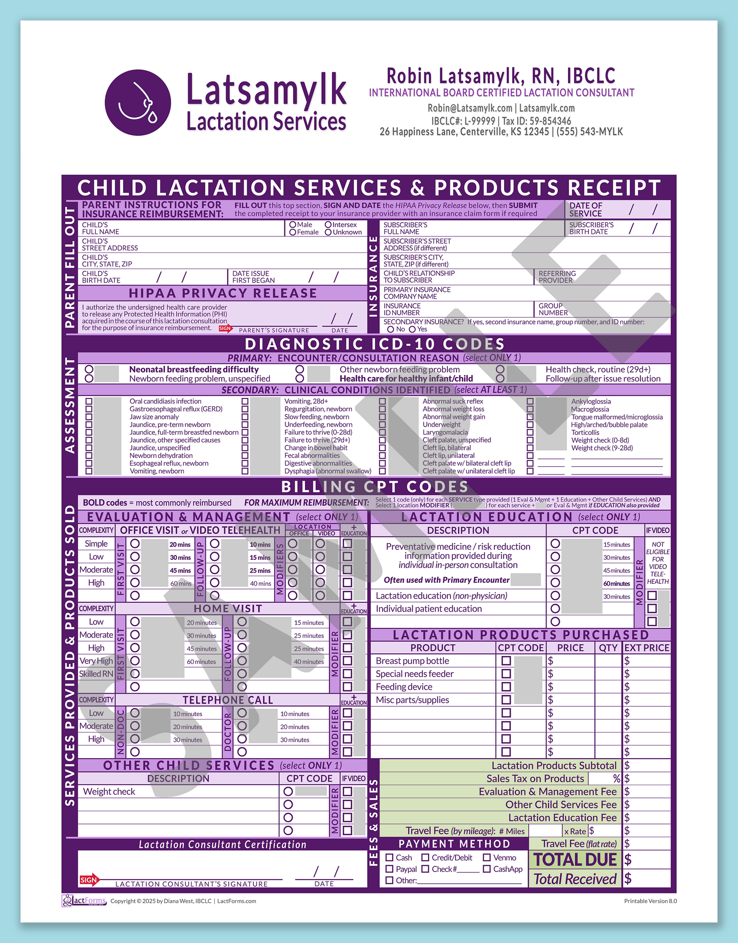 Child Superbill—OfficePrintable, HeaderBox after editing, Purple, V8.0