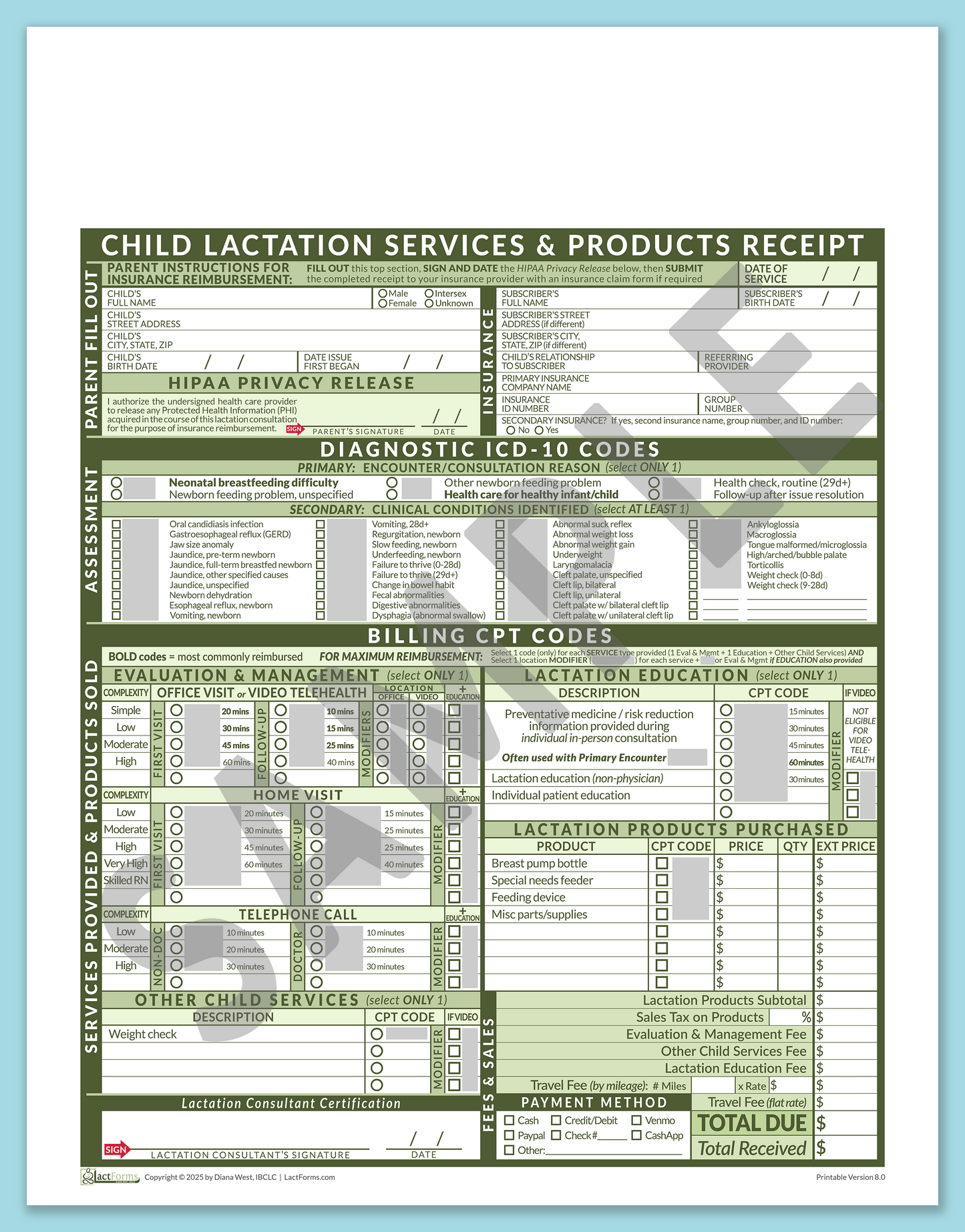 Child Superbill—OfficePrintable, HeaderNone, Green, V8.0