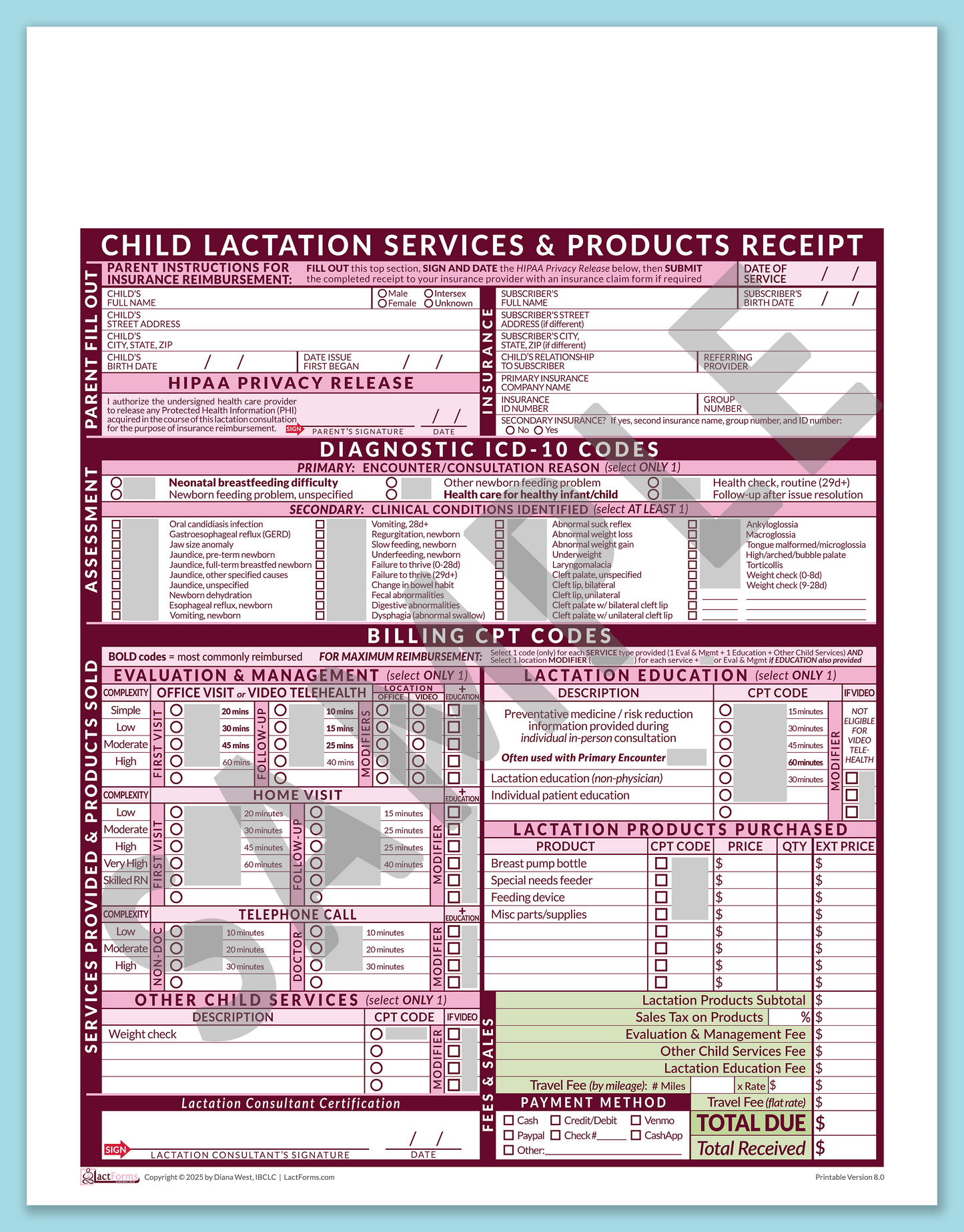 Child Superbill—OfficePrintable, HeaderNone, Pink, V8.0