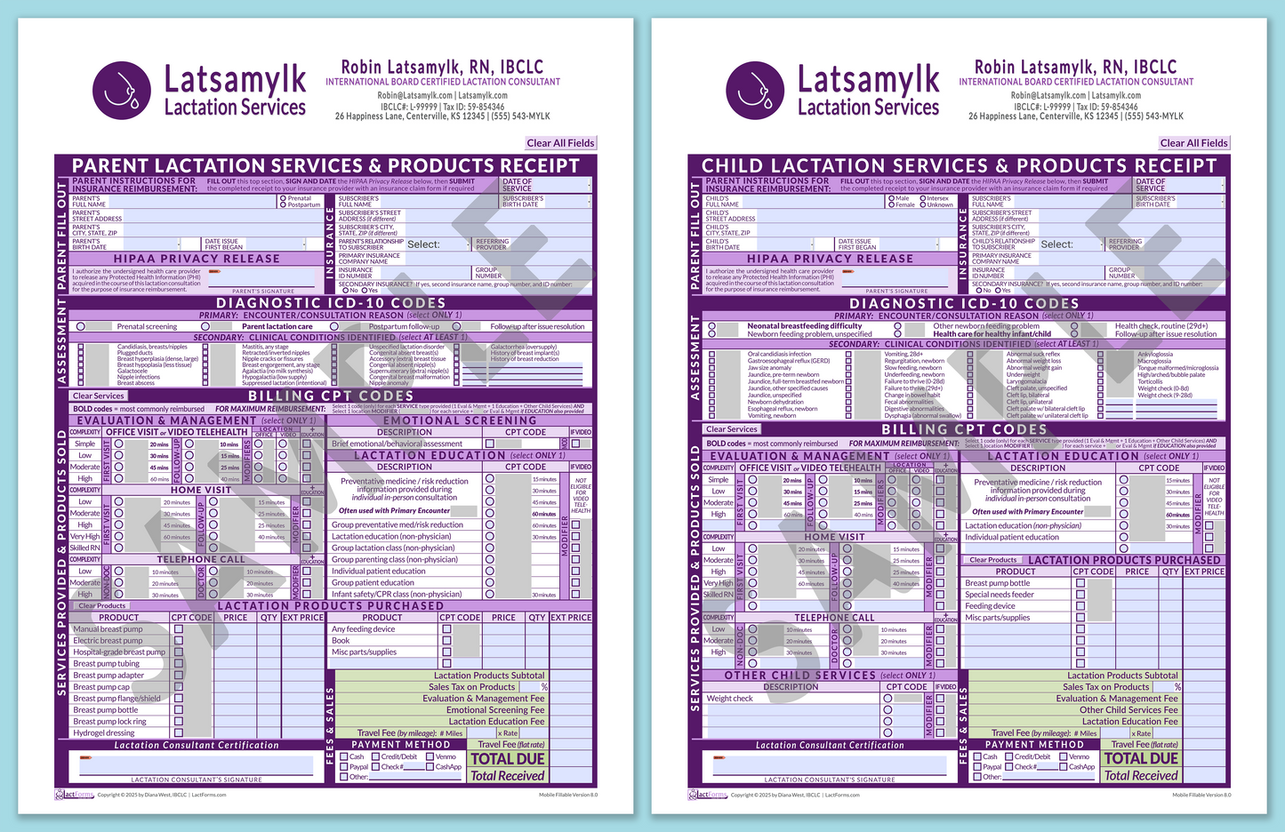 Superbills Package—MobileFillable, HeaderBox after editing, Purple, V8.0