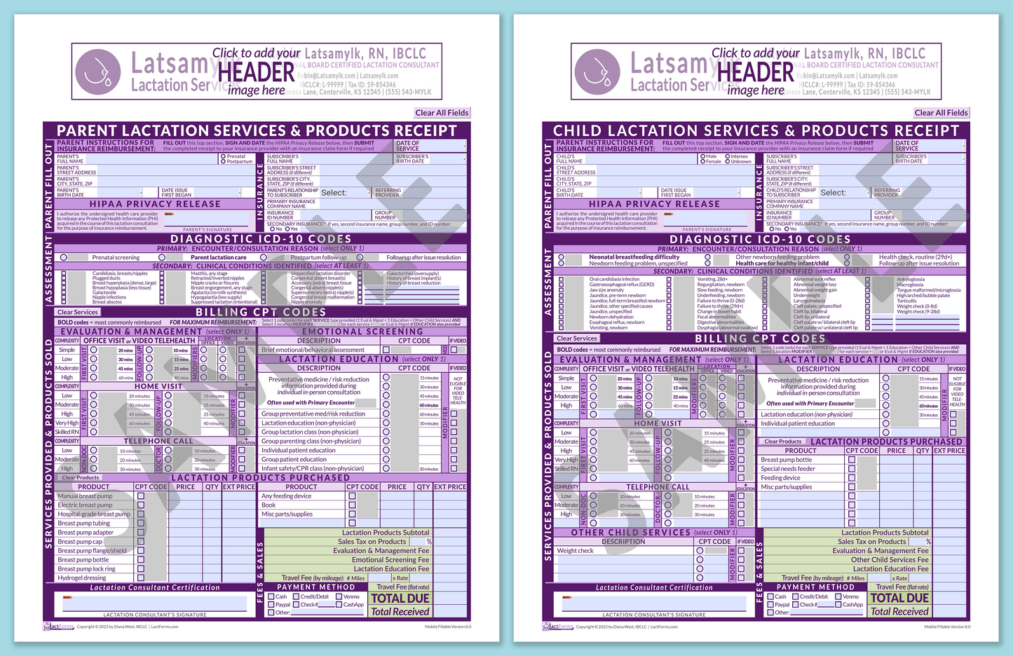Superbills Package—MobileFillable, HeaderBox before editing, Purple, V8.0