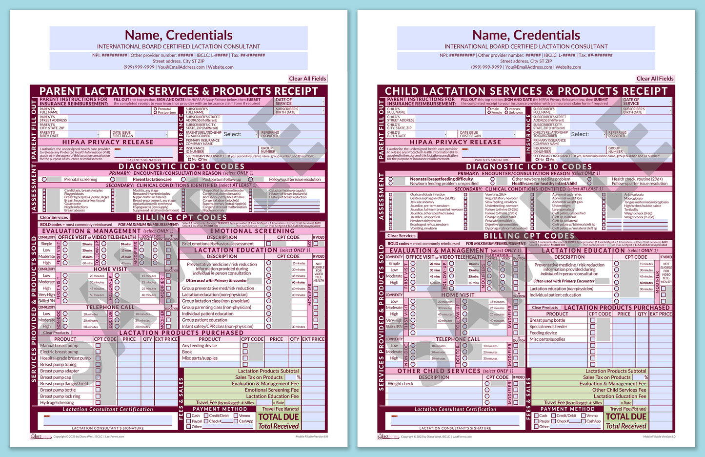 Superbills Package—MobileFillable, HeaderCenter before editing, Pink, V8.0