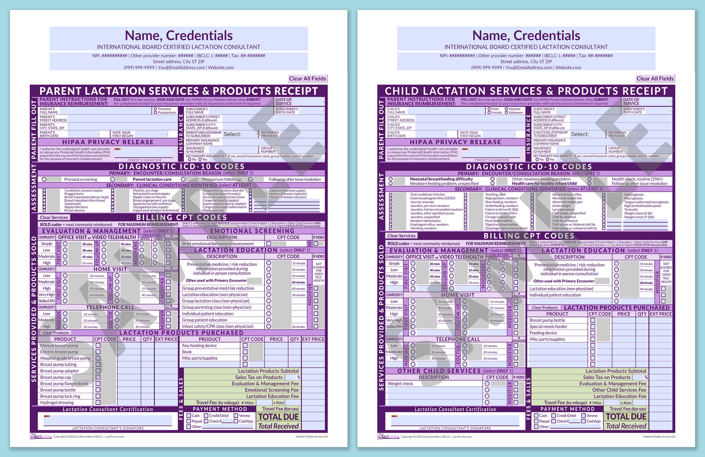 Superbills Package—MobileFillable, HeaderCenter before editing, Purple, V8.0