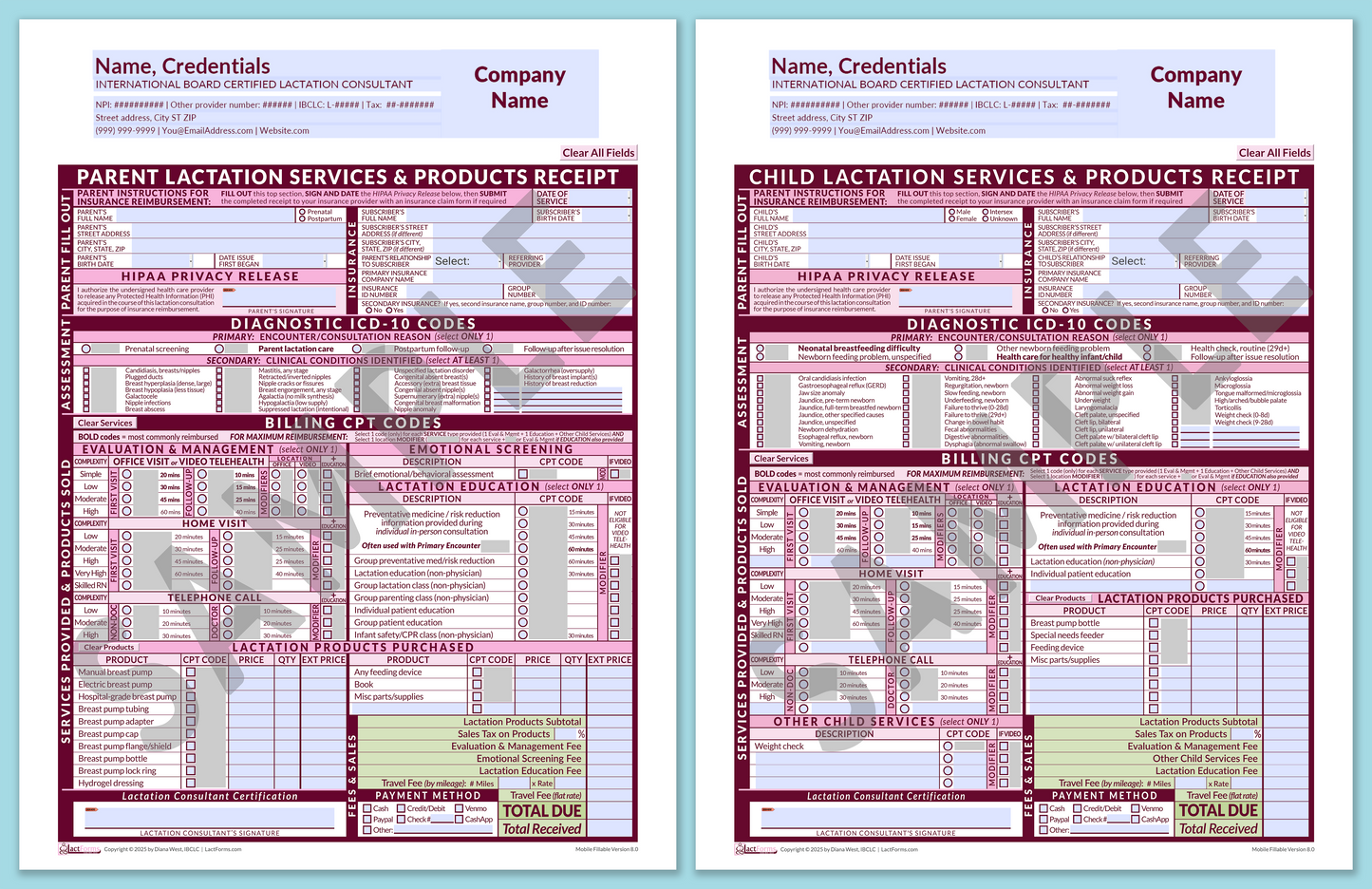 Superbills Package—MobileFillable, HeaderCompany before editing, Pink, V8.0
