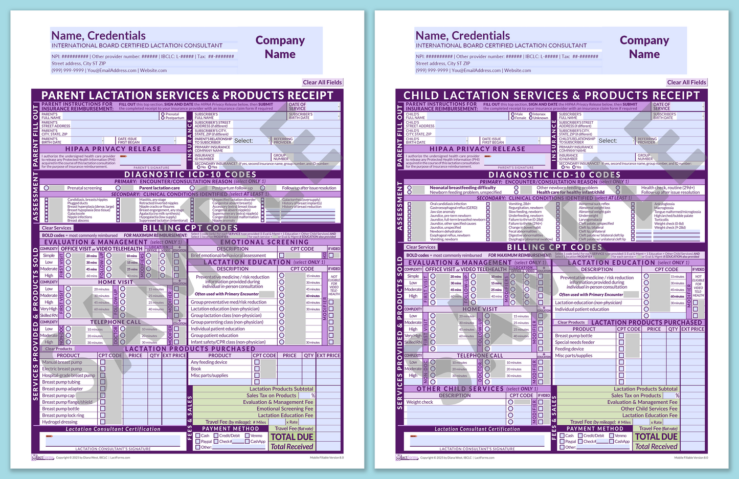 Superbills Package—MobileFillable, HeaderCompany before editing, Purple, V8.0