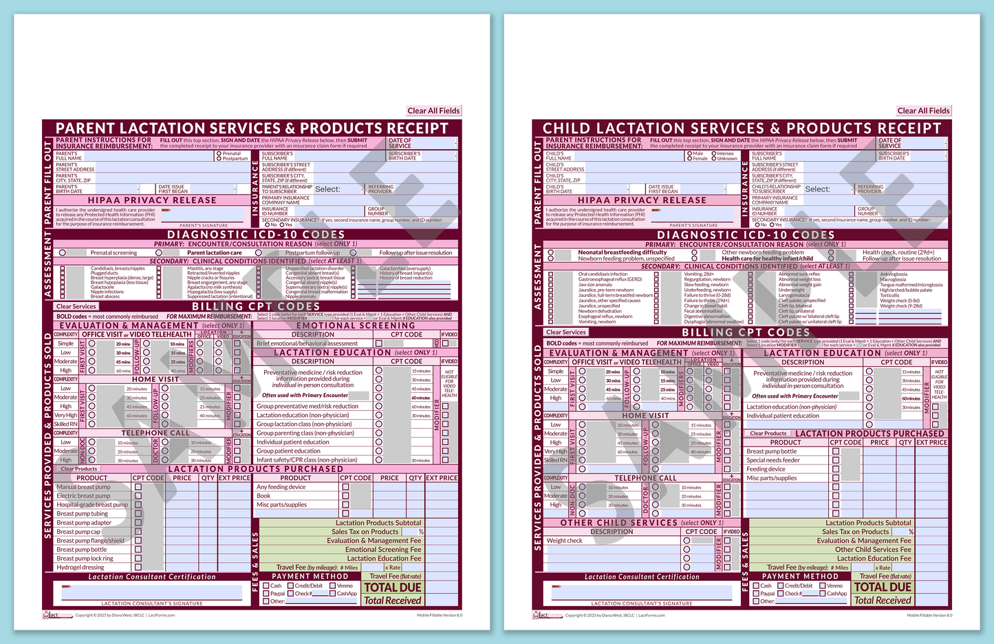 Superbills Package—MobileFillable, HeaderNone, Pink, V8.0