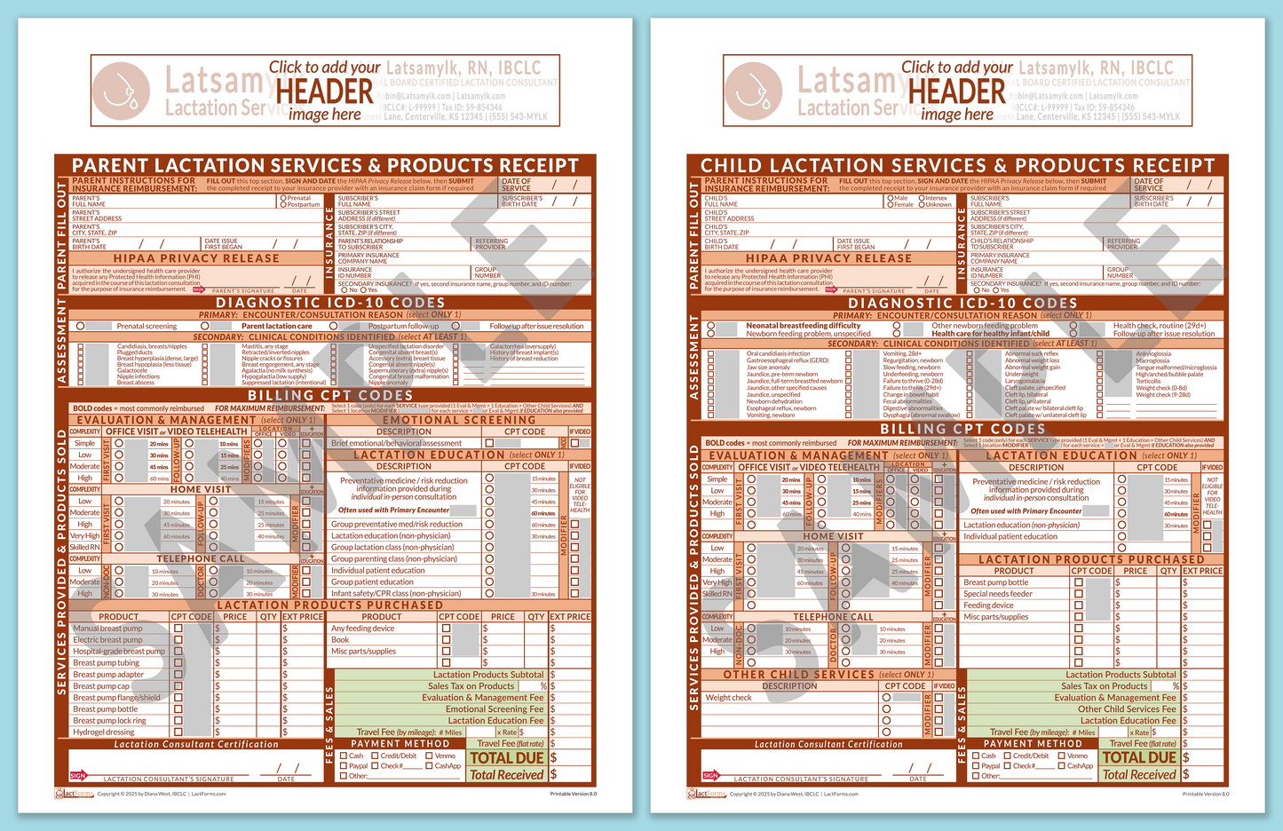Superbills Package—ProPrintable, HeaderBox before editing, Orange, V8.0