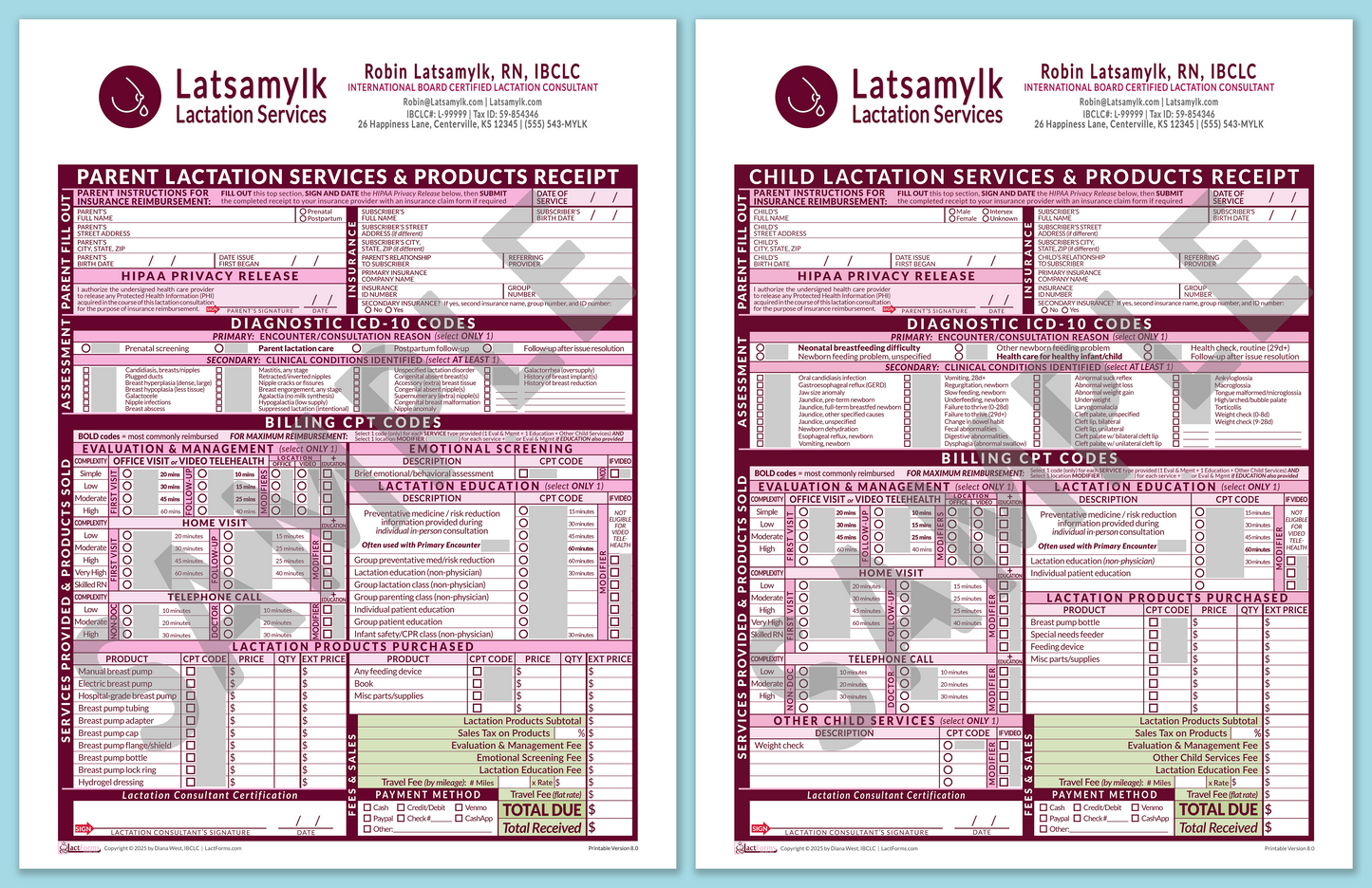 Superbills Package—OfficePrintable, HeaderBox after editing, Pink, V8.0