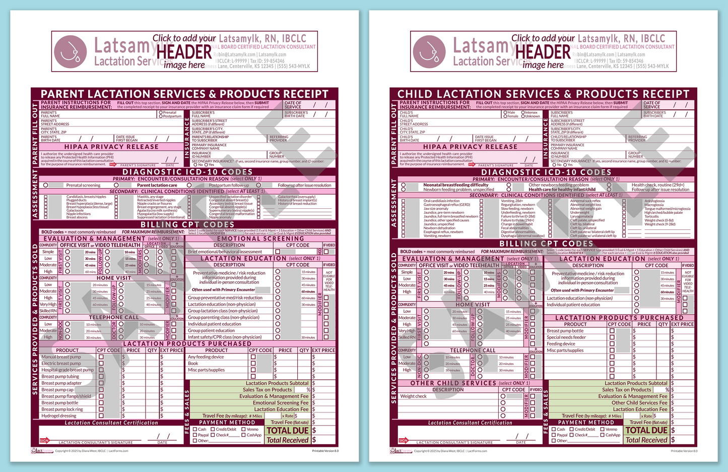 Superbills Package—OfficePrintable, HeaderBox before editing, Pink, V8.0