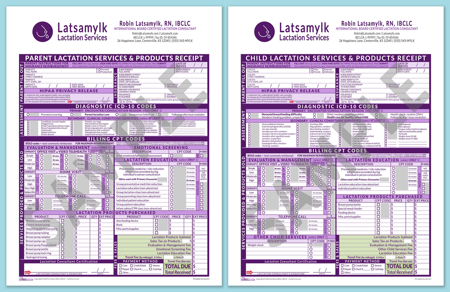 Superbills Package—OfficePrintable, HeaderBox after editing, Purple, V8.0