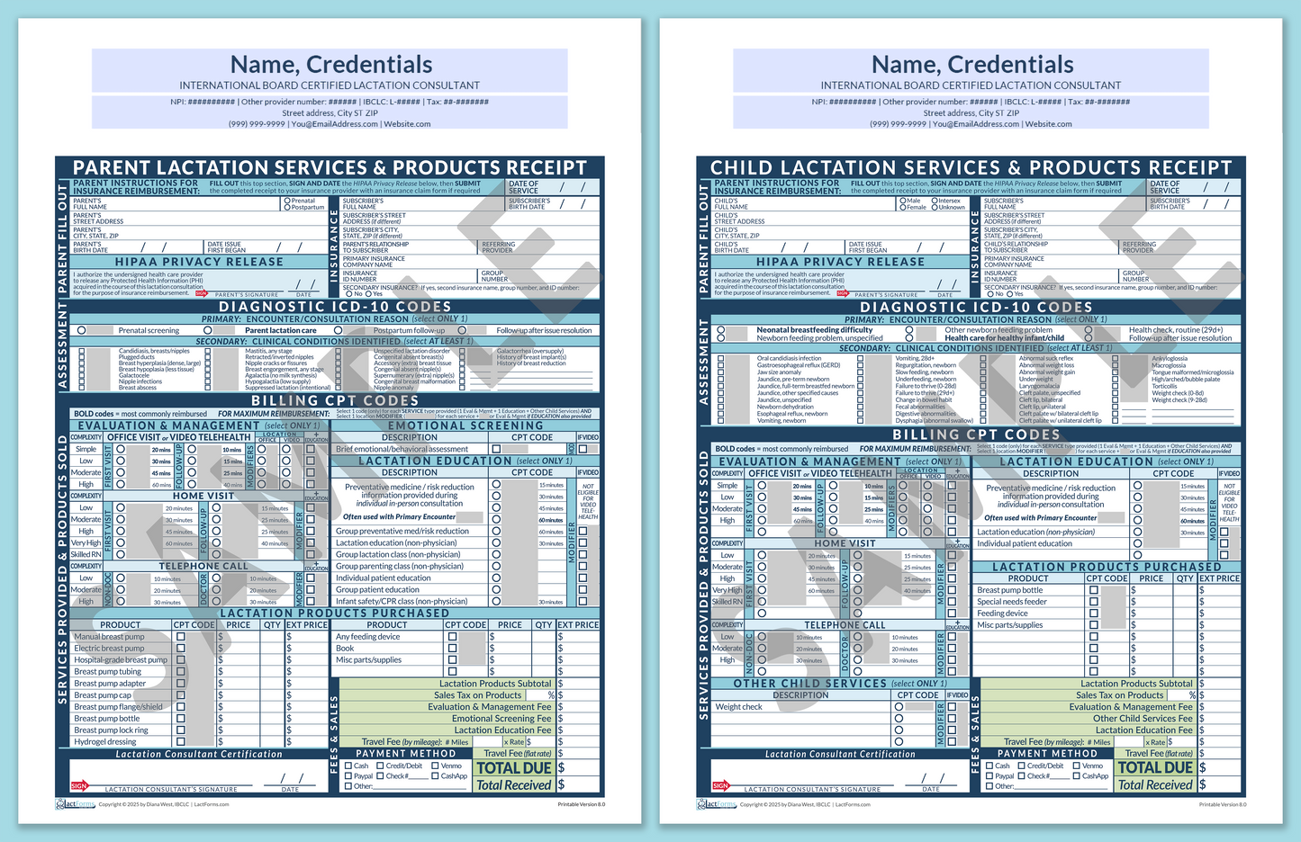 Superbills Package—ProPrintable, HeaderCenter before editing, Blue, V8.0