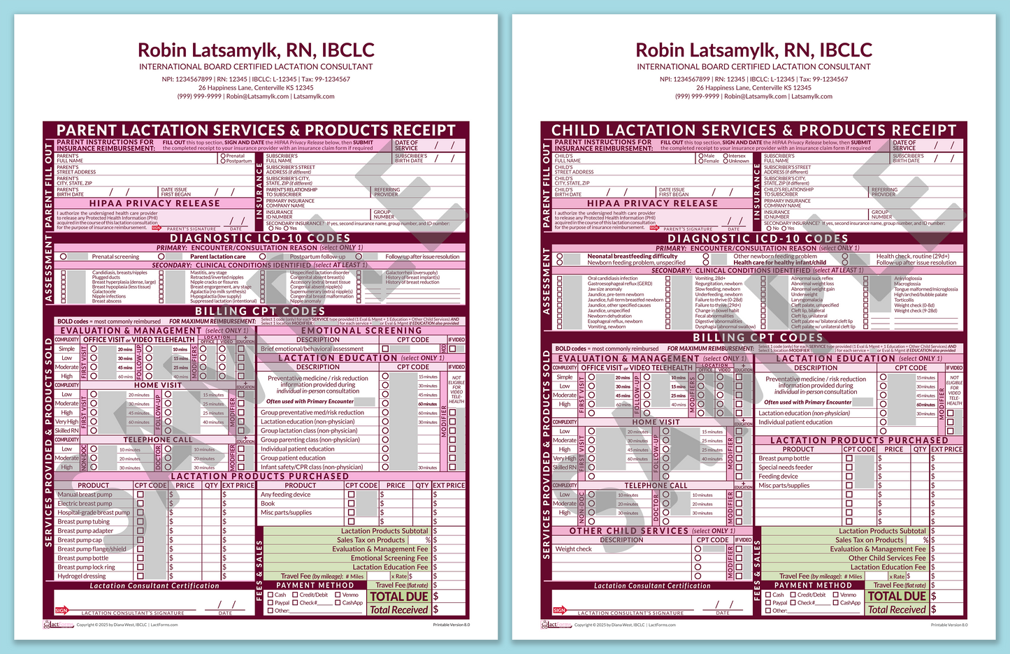 Superbills Package—OfficePrintable, HeaderCenter after editing, Pink, V8.0