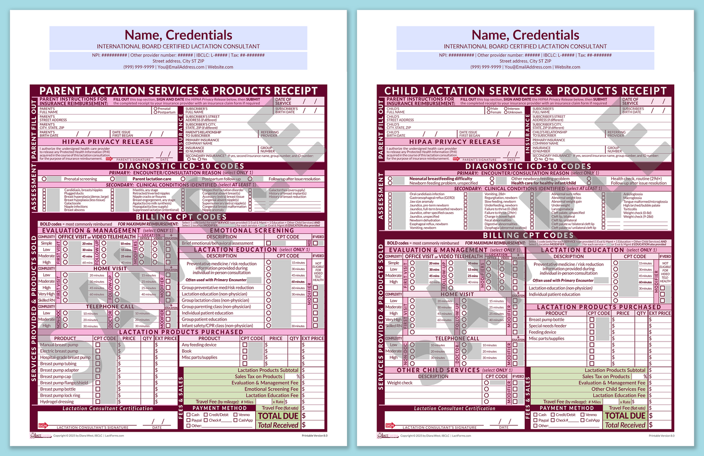 Superbills Package—OfficePrintable, HeaderCenter before editing, Pink, V8.0