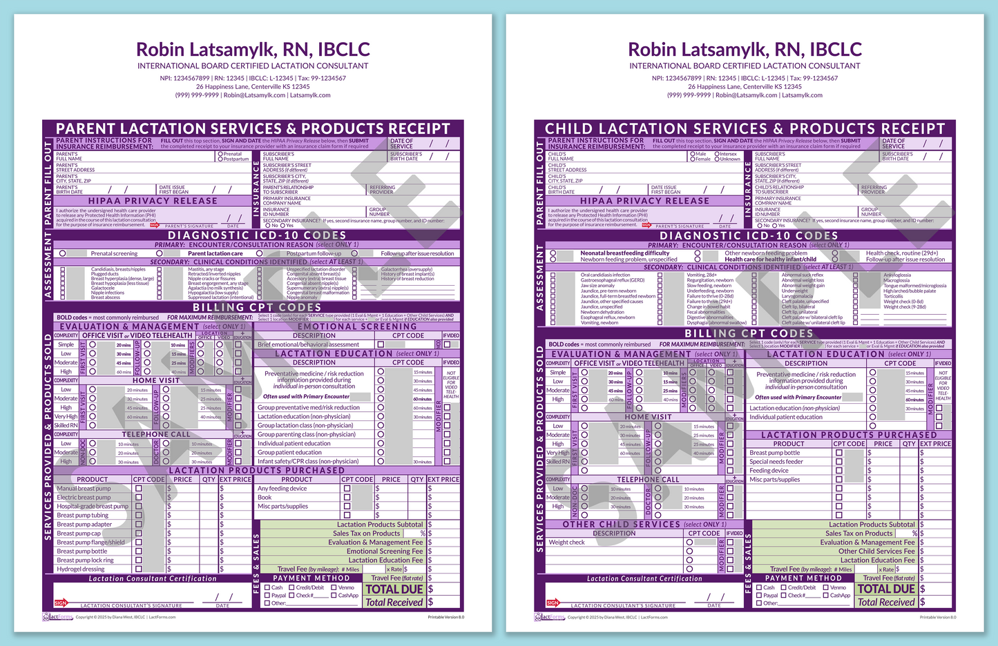 Superbills Package—OfficePrintable, HeaderCenter after editing, Purple, V8.0