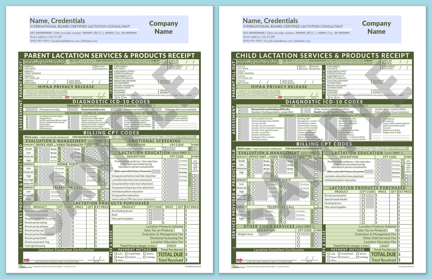 Superbills Package—ProPrintable, HeaderCompany before editing, Green, V8.0