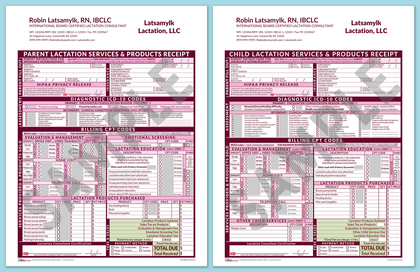 Superbills Package—OfficePrintable, HeaderCompany after editing, Pink, V8.0