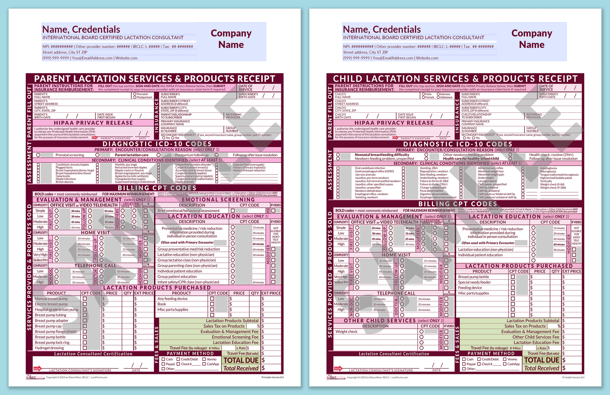 Superbills Package—OfficePrintable, HeaderCompany before editing, Pink, V8.0