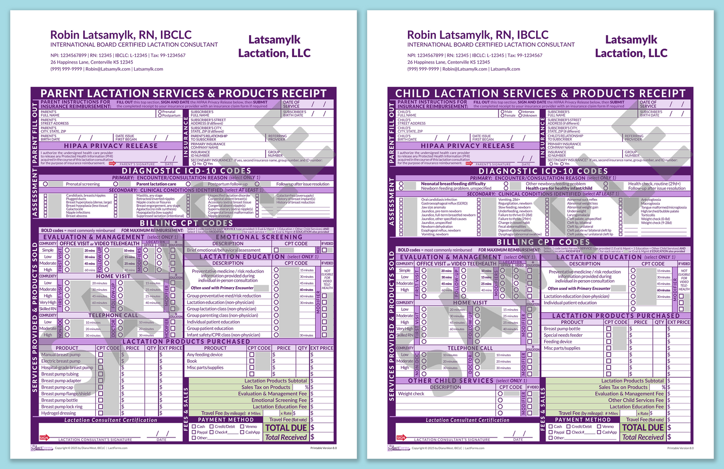 Superbills Package—OfficePrintable, HeaderCompany after editing, Purple, V8.0