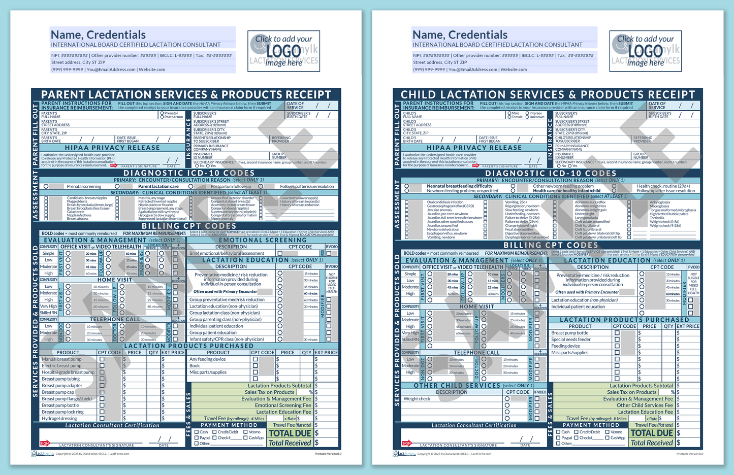 Superbills Package—ProPrintable, HeaderLogo before editing, Blue, V8.0