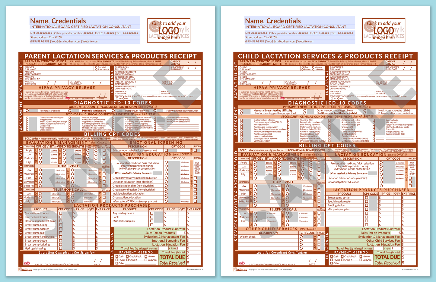 Superbills Package—ProPrintable, HeaderLogo before editing, Orange, V8.0