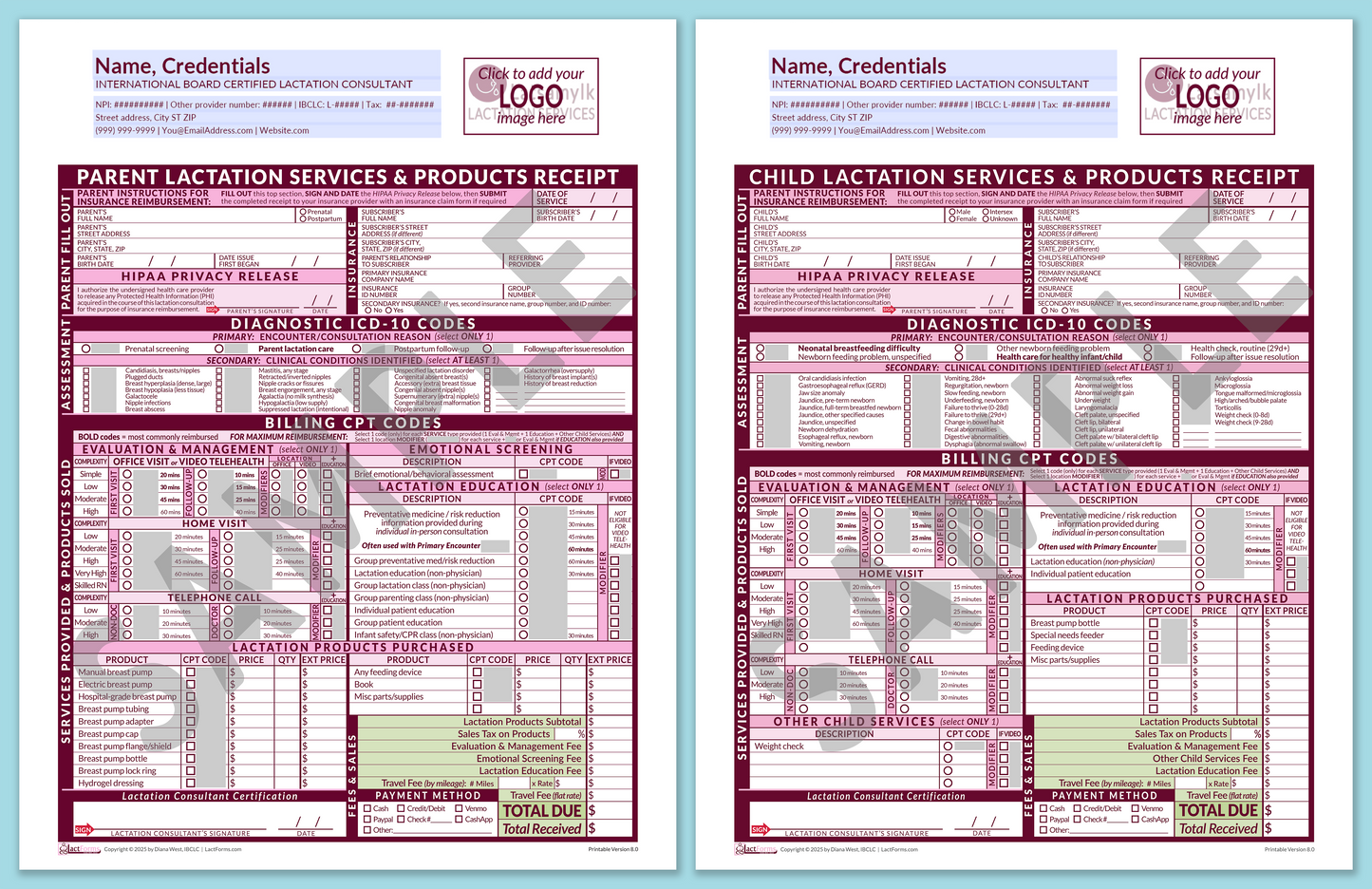 Superbills Package—OfficePrintable, HeaderLogo before editing, Pink, V8.0