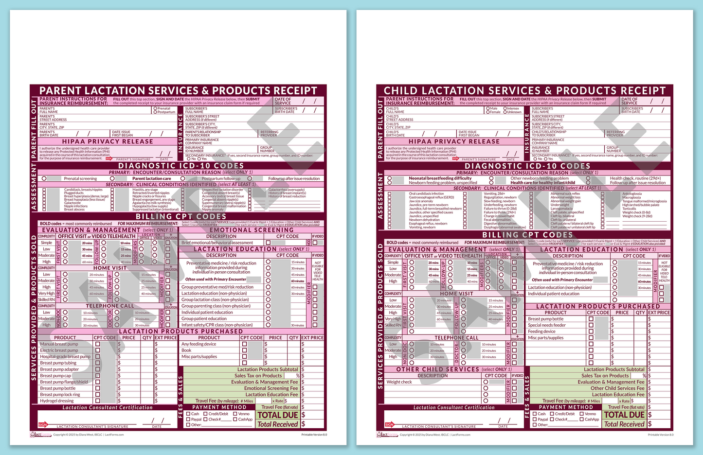 Superbills Package—OfficePrintable, HeaderNone, Pink, V8.0