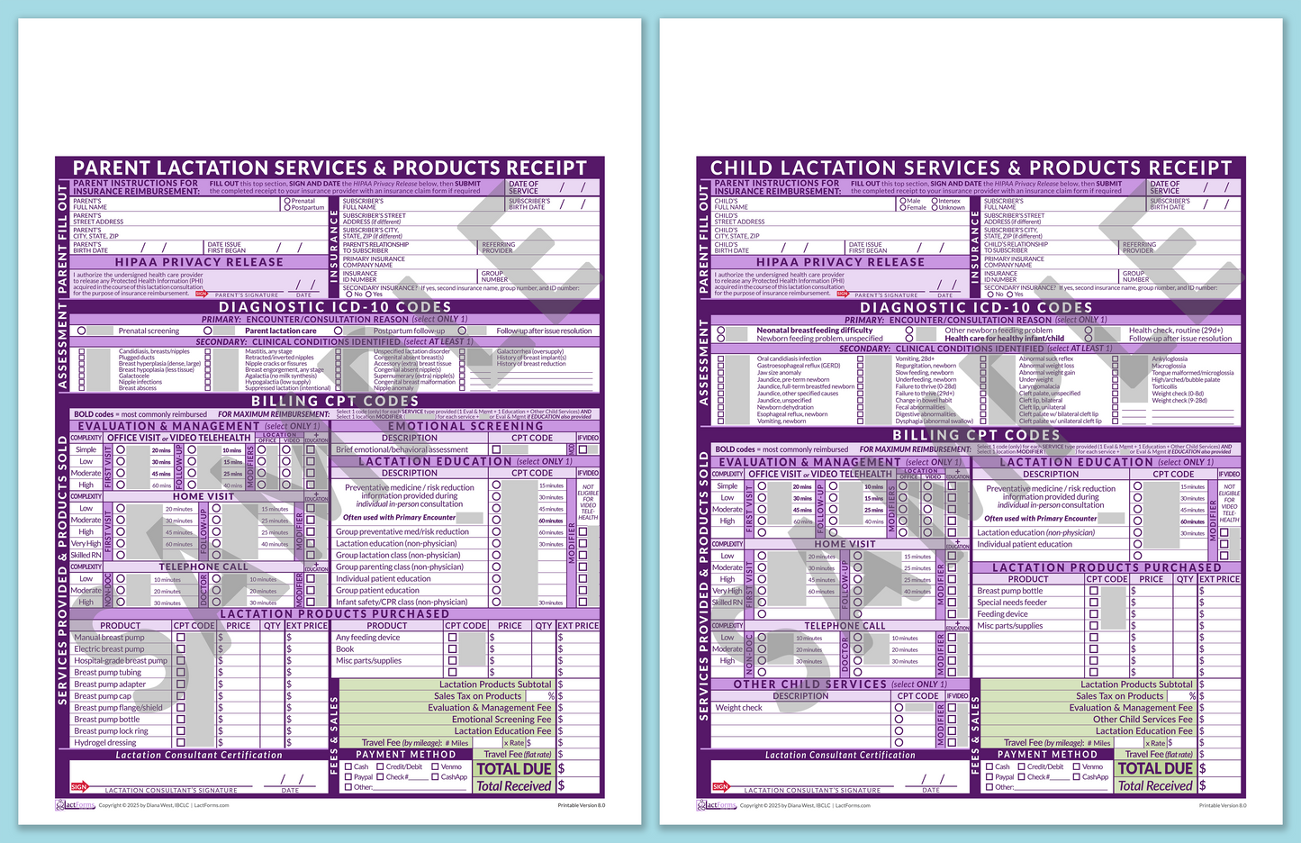 Superbills Package—OfficePrintable, HeaderNone, Purple, V8.0