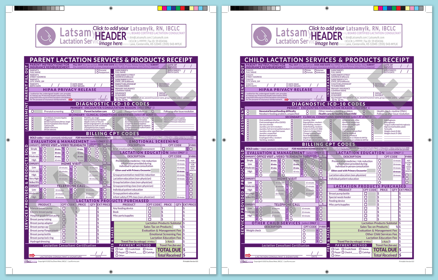 Superbills Package—ProPrintable, HeaderBox before editing, Purple, V8.0