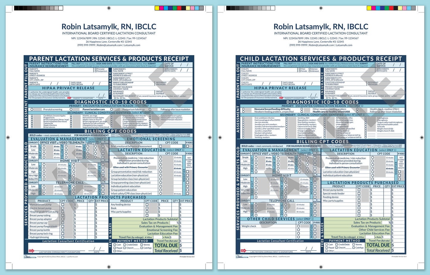 Superbills Package—ProPrintable, HeaderCenter after editing, Blue, V8.0