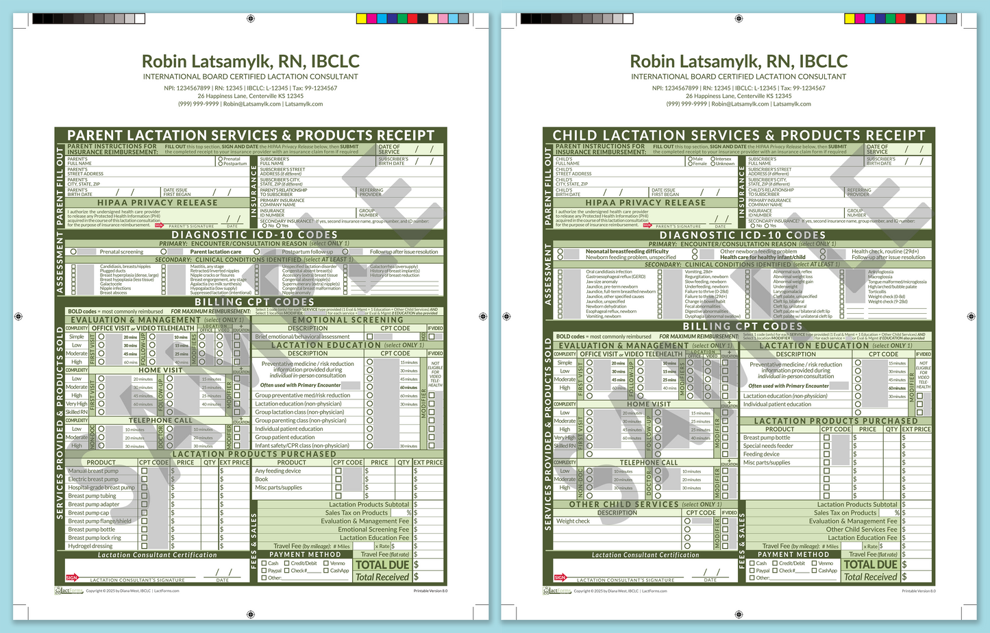 Superbills Package—ProPrintable, HeaderCenter after editing, Green, V8.0