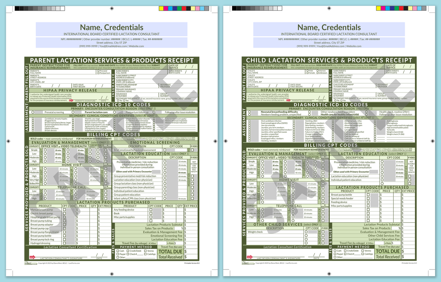 Superbills Package—ProPrintable, HeaderCenter before editing, Green, V8.0