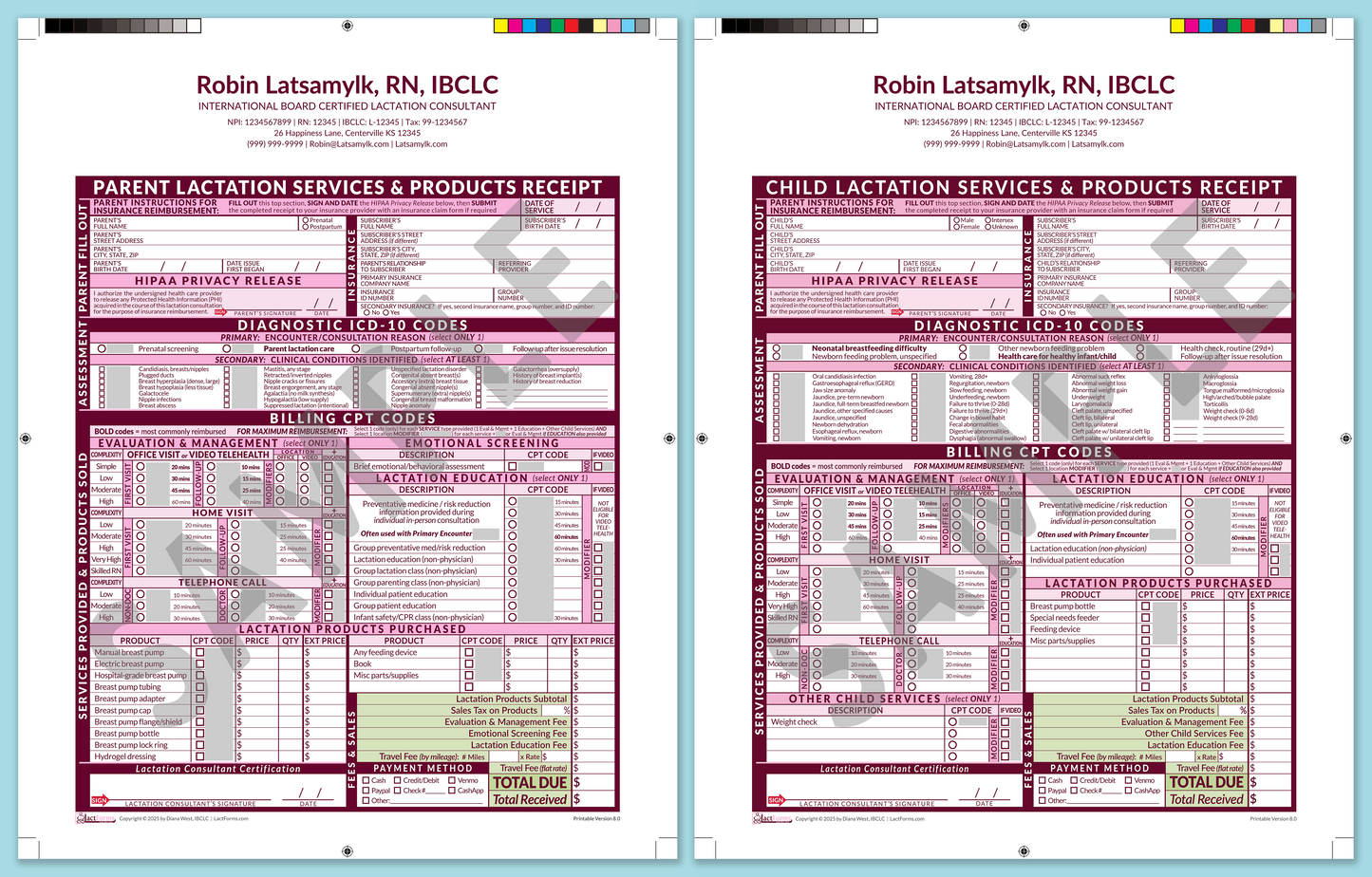 Superbills Package—ProPrintable, HeaderCenter after editing, Pink, V8.0