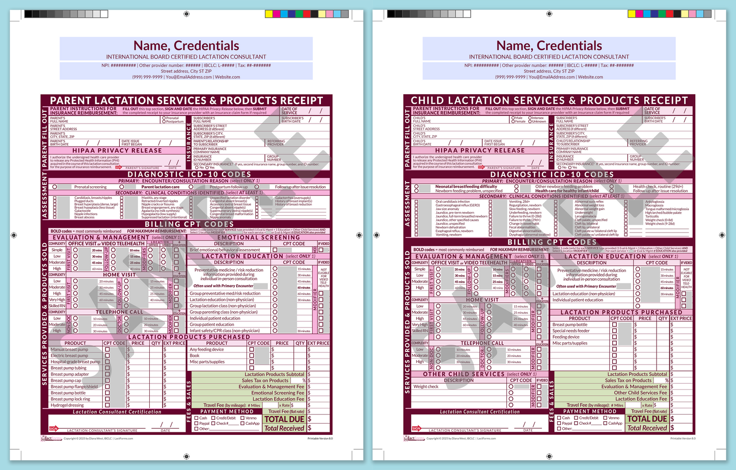Superbills Package—ProPrintable, HeaderCenter before editing, Pink, V8.0