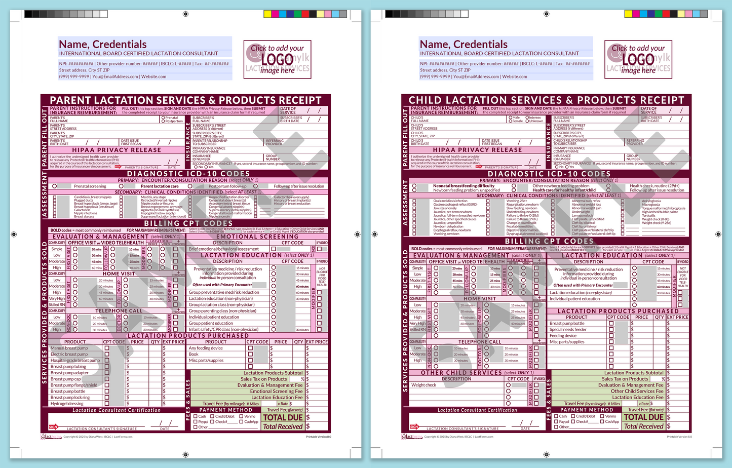 Superbills Package—ProPrintable, HeaderLogo before editing, Pink, V8.0