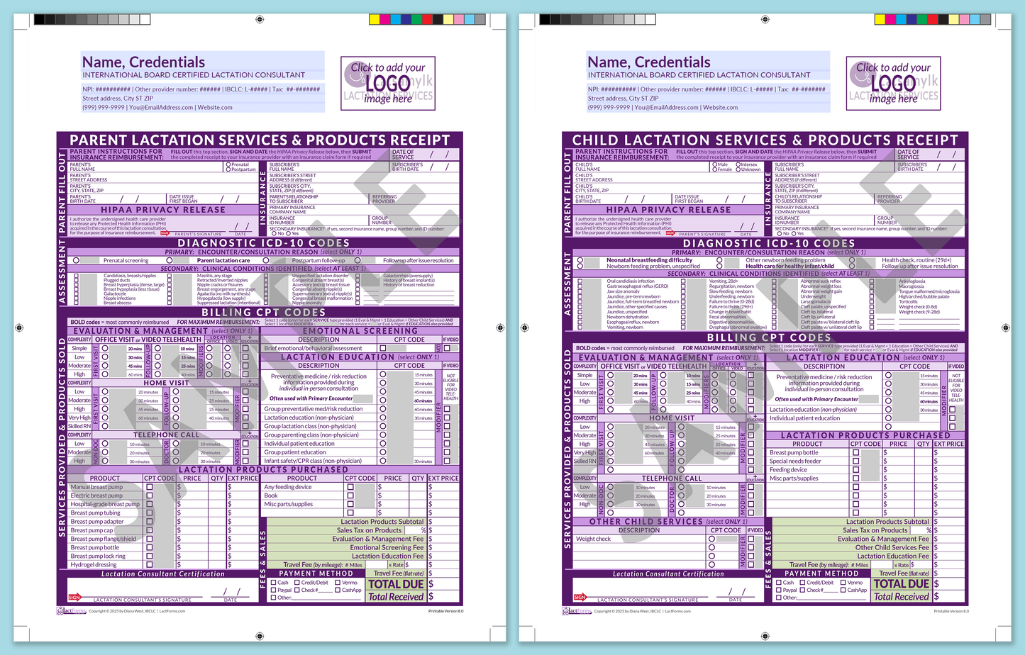 Superbills Package—ProPrintable, HeaderLogo before editing, Purple, V8.0